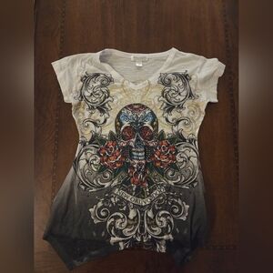 women med short sleeve graphic tee, rhinestone accents